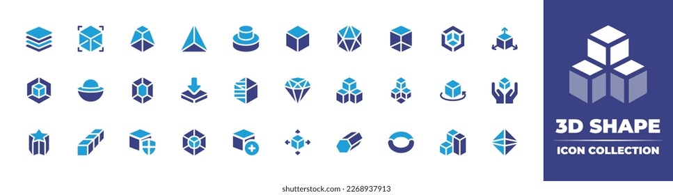 Colección de iconos de forma 3d. Color de duotona. Ilustración vectorial. Conteniendo capas, cubo, trapecio, pirámide, cicular, hexágono, modelo, formas, descarga, diamante, cubos, estrella, prisma, protección.