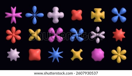 3D shape icon. Flower in Y2K abstract. Sticker with plastic balloon. Element as bubble object. Render style glossy. Graphic vector retro. Sun with star rays. Colorful realistic form.