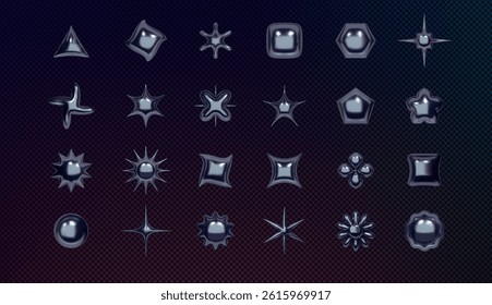 3D shape. Icon metal silver isolated elements. Chrome Y2K style. Abstract forms star, circle and square, flower and sun. Geometric elements. Retro graphic. Vector metallic exact geometric form set