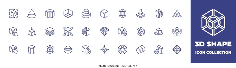 3d shape line icon collection. Editable stroke. Vector illustration. Containing cube, cone, shapes, cicular, shape, download, model, approved, layers, diamond, protection, favorite, add.