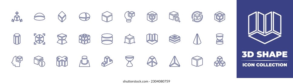 3d shape line icon collection. Editable stroke. Vector illustration. Containing semi sphere, cube, ellipse, cube, idea, find, rotate, hexagon, shapes, database, cylinder, modeling, cone, artificial.