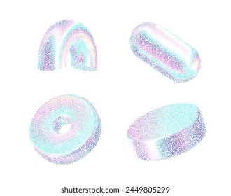 3d shape with noise gradient effect. Halftone gradation figure. Y2k holographic element gritty grain texture. Torus, capsule, tube, cylinder geometry. Stipple vector illustration of colored dots.