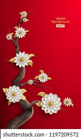 3D shape of a tree with golden arabesque style blossoms on red background