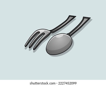 3d shaped spoon and fork vector isolated on silver background. Cute illustration.