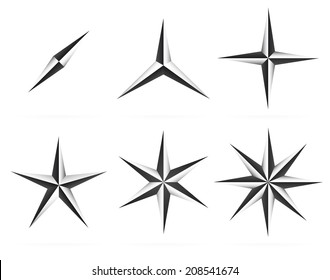 3d shapes, 2, 3, 4,5, 6, 8 pointed beveled stars.