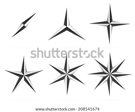 3d shapes, 2, 3, 4,5, 6, 8 pointed beveled stars.