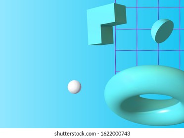 3D shapes or abstract design elements falling in trendy colorful surreal background. Abstract balls and corners over the grid
