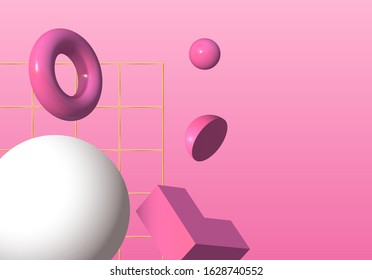 3D shapes or abstract design elements falling in trendy colorful surreal background. Abstract balls, donuts and corners over the grid