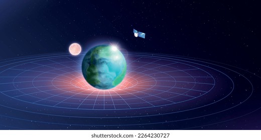 3d shapes composition with set of stars planets and radial grid showing gravity dynamics of earth vector illustration