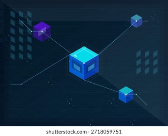 3D shapes of different colors are connected by lines in a digital space. The background is dark with light patterns adding contrast to the shapes.