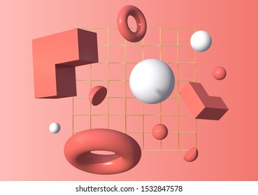 3d shapes flying in front of the golden grid over living coral pink background. Modern 80s styled motion figures