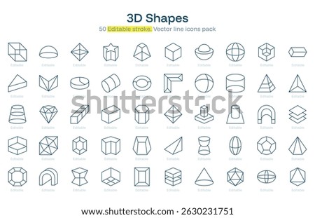 3D Shapes line icon pack. 3D Shapes Stroke icon set. Editable Stroke icon