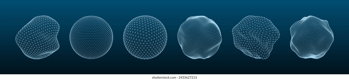 3D shapes mesh. Dotted sphere, line grid globe, stone asteroid wire structure. Polygonal abstract shapes for modern futuristic concept, HUD vector elements. Geometric basic isolated models