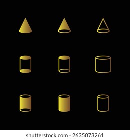 3d shapes set, cone, cylinder vector, isolated on black background