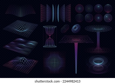 Formas 3d establecidas con redes aisladas de neón que iluminan las ondas y patrones de espectro en la ilustración vectorial de fondo oscuro