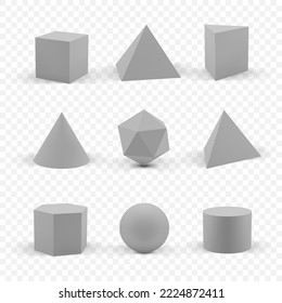 Plantilla de formas 3d. Formas realistas con sombra. Cifras geométricas de color gris sobre fondo transparente
