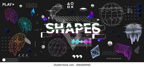 3D shapes and trendy universal elements with glitch, bag and liquid effects. Retrofuturism shapes collection in memphis and vaporwave style. Glitch objects, design elements. Cyberpunk neon vector set