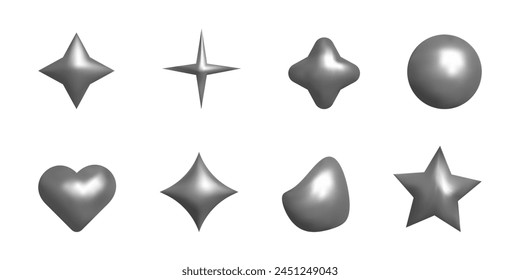 3D shapes in Y2k style metal element. Star heart ball. Set for banner poster design web design. Vector illustration.