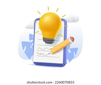 3D sharing business ideas, sharing knowledge, idea concept, smart thinking. 3D making idea notes, brainstorm, 3D illustration icons render illustration