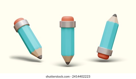 3D sharpened pencil in vertical and tilted position. Templates for writing and erasing