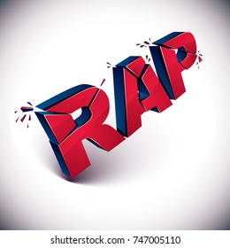 3d shattered red vector rap word created with refractions. Dimensional inscription with specks isolated on white background.