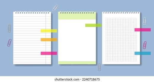 3D sheets from a notebook with different lines. a sheet of paper in a ruler, in a cage with colorful stickers and paper clips. realistic drawing of office supplies. stock vector illustration. EPS 10.