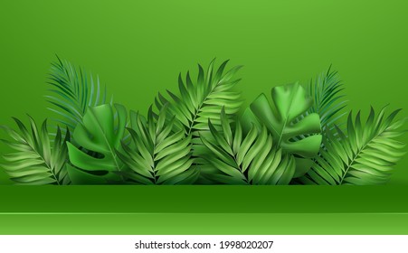 3.ª repisa. Podio de exposición de productos decorado con hojas de palma tropicales sobre fondo verde. Ilustración de Vecior