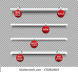 3d Shelf Strip With Hanging Sale Wobler. Set Danglering Point Sign For Supermarket On Transparent Background. Mockup Blank Shelves With New Tag For Advertising. Realistic Offer Price Template. Vector