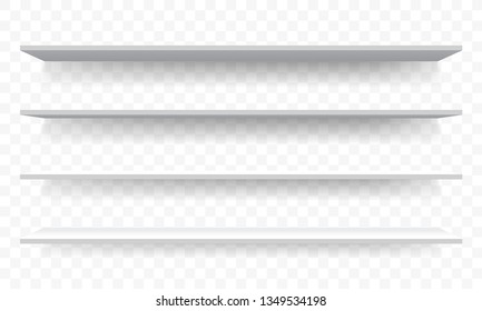 3D shelves white wall perspective. Vector isolated shelf racks mockup template