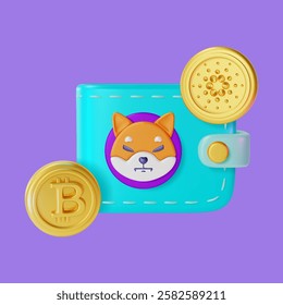 3d Shiba Inu Leather Wallet Cartoon Design Style Doge Coin Crypto Currency Concept. Vector illustration of Cryptocurrency