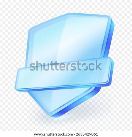 3d shield and badge icon with modern glass style and blank banner. isolated on transparent background, template for protection, warranty, UI, labels, awards, or game elements. Vector illustration.