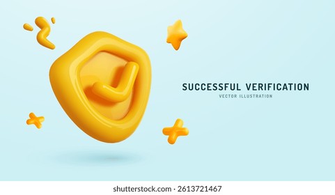 3D Shield Check Icon Representing Warranty, Security, and Safety in Glossy Yellow Style on Blue Background, Perfect for App UI and Web Design. Vector Illustration. 3D Illustration