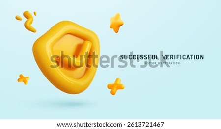 3D Shield Check Icon Representing Warranty, Security, and Safety in Glossy Yellow Style on Blue Background, Perfect for App UI and Web Design. Vector Illustration. 3D Illustration