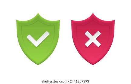 3d shield with check mark and cross mark label. Yes or No, Dos or Donts, Approved or Rejected, Protected or Unprotected. Design concept for web and mobile apps. Vector illustration.