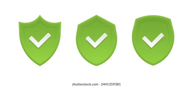 3d shield with check mark. Design concept of protected, safety and security. Green safety shield set. Vector illustration.