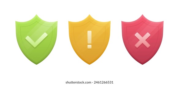 3d shield with check mark, exclamation mark and cross mark label. Yes or No, Dos or Donts, Approved or Rejected, Protected or Unprotected. Design concept for web and mobile apps. Vector illustration.