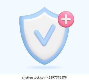 3 d Escudo con marca de verificación y círculo con cruz médica. Concepto de icono del seguro de salud. Ilustración vectorial en estilo de caricatura