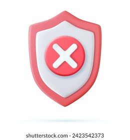 3d Shield with decline icon. Shield check mark false or security shield danger protection icon with cross symbol. Vector illustration