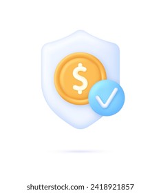 3D Shield with dollar icon and check mark. Safe payment of money, money guarantee, financial savings and money exchange concept. Trendy and modern vector in 3d style