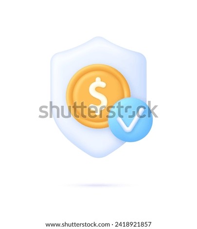 3D Shield with dollar icon and check mark. Safe payment of money, money guarantee, financial savings and money exchange concept. Trendy and modern vector in 3d style