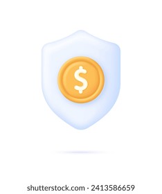 Escudo 3D con icono de dólar. Pago seguro de dinero, garantía de dinero, ahorro financiero y concepto de cambio de dinero. Vector moderno y moderno de estilo 3d