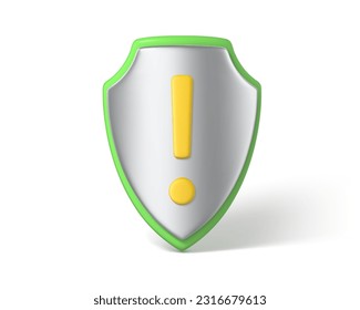 3d shield with exclamation mark. Protection warning illustration. Alert icon. Safety and insurance symbol. Vector 3D Illustration
