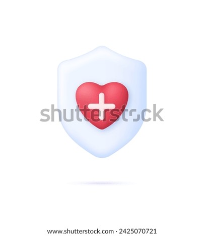 3D Shield and Heart with plus sign. Single heartbeat, cardiogram. Medical healthcare concept. Heart protect. Trendy and modern vector in 3d style