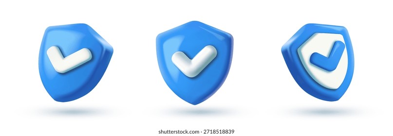 3D-Schild-Symbol mit Häkchen. Zeichen oder Symbol, das Schutz, Sicherheit, Genehmigung und Sicherheit darstellt. Realistische Vektorgrafik-Kollektion im Plastikstil einzeln auf Hintergrund