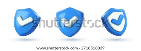 3D shield icon with check mark. Sign or symbol representing protection, security, approval, and safety. Realistic plasticine style vector illustration collection isolated on background
