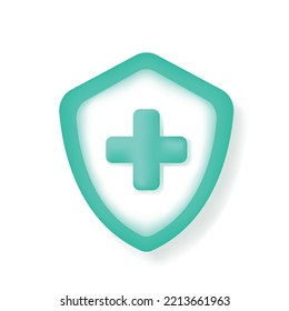 3d Shield Icon With Green Medical Cross Or Plus Sign. Health Care, First Aid, Emergency Help, Protection, Safety Concept. Vector Illustration Isolated On White Background.