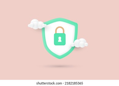 3d shield icon with padlock icon. Security data, safety, encryption, protection, privacy concept. 3d vector illustration.