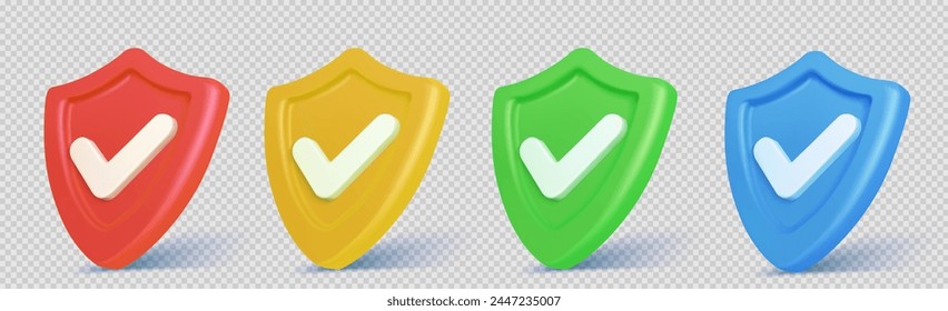 3d shield icon with safety check badge vector. Secure tick mark for quality guard guarantee. Isolated protect checkmark for medical business or antivirus warranty emblem design. Health defense sign