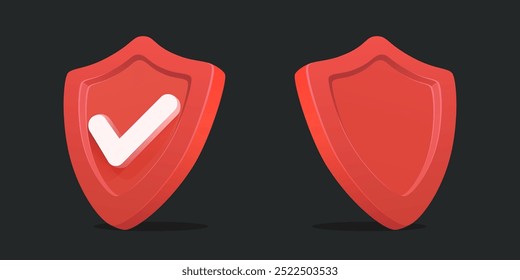 ícone Blindagem 3D definido. Ícone de escudo vermelho rebocado com marca de seleção e sem marca.