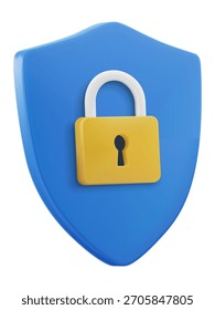 Ícone de escudo 3D com cadeado amarelo para segurança e proteção